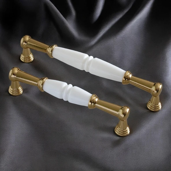 Mobilya Mutfak Kulp Çekmece Dolap  Kulplar Kapak Kulpu Kulbu Gerçek Porselen Beyaz-Altın 128 mm - Resim 4