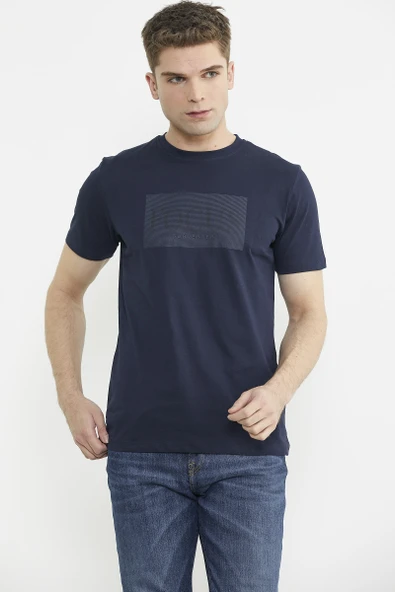 Bisiklet Yaka Baskılı Basic Tişört - Lacivert - 3