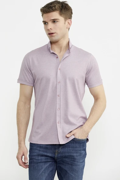 Kısa Kol Slim Fit Penye Gömlek - Açık Lila - 2