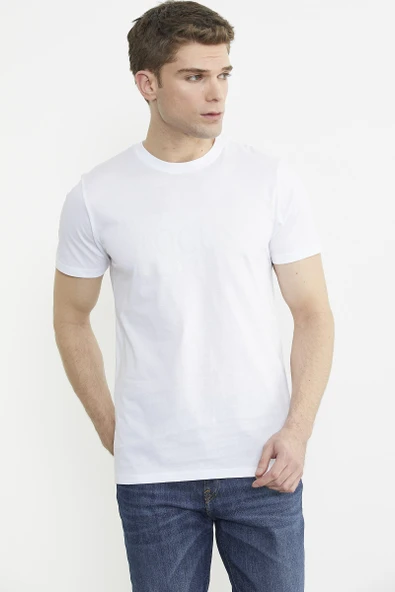 Bisiklet Yaka Baskılı Basic Tişört - Beyaz - Resim 5