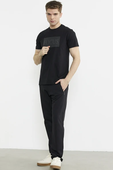 Bisiklet Yaka Baskılı Basic Tişört - Siyah - Resim 4