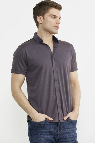 Kısa Kol Slim Fit Penye Gömlek - Mor - 5