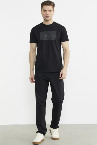 Bisiklet Yaka Baskılı Basic Tişört - Siyah ürün görseli 1