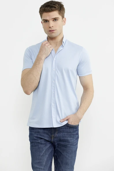 Kısa Kol Slim Fit Penye Gömlek - Açık Mavi