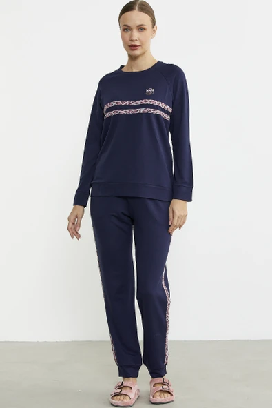 Leopar Çizgili Jogger Pijama Takım - Lacivert - Resim 3