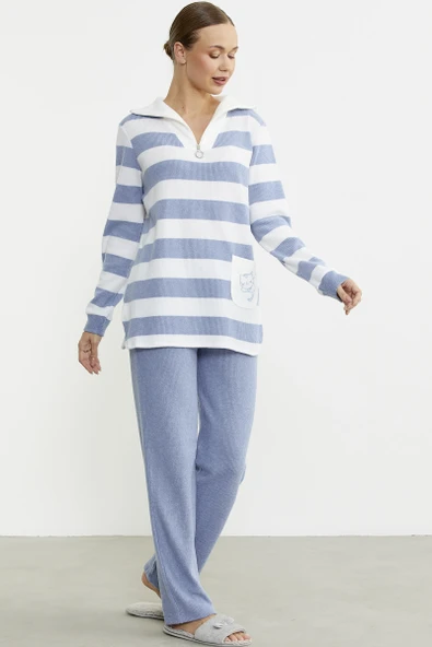 Kalın Çizgi Detaylı Pijama Takım - Mavi - 4