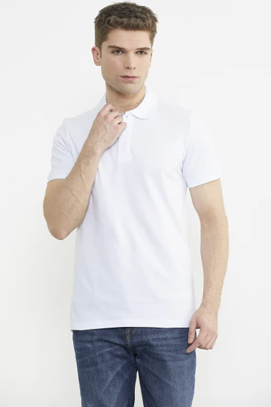 Detaylı Polo Yaka Kısa Kol Tişört - Beyaz - Resim 2