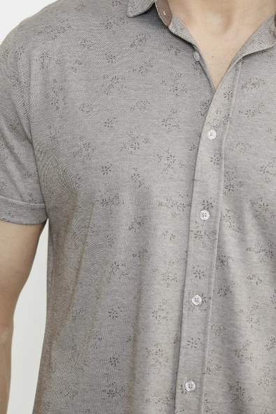 Slim Fit Baskılı Penye Gömlek - Vizon - 5