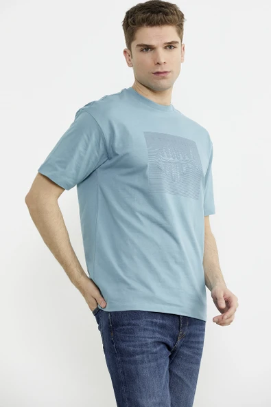 Oversize Baskılı Pamuk Tişört - Mavi - Resim 3