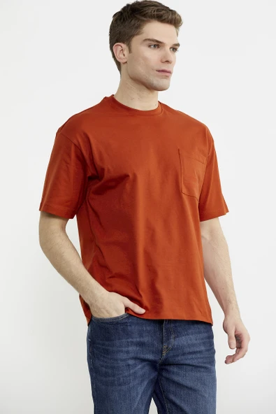 Bisiklet Yaka Oversize Pamuk Tişört - Kiremit - Resim 3