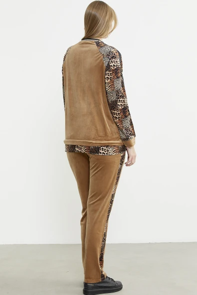 Leopar Kombinli Kadife Eşofman Takım - Bej - Resim 5