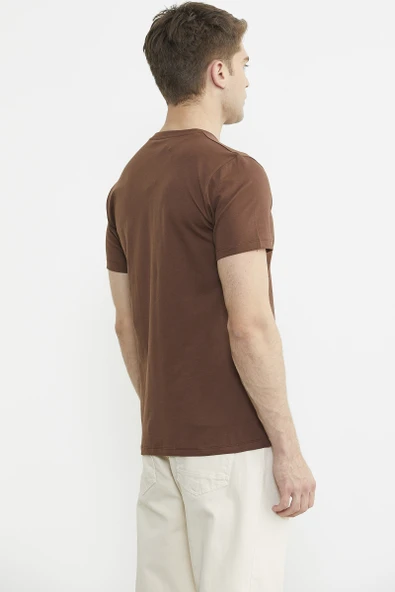 Bisiklet Yaka Baskılı Basic Tişört - Kahve - 5