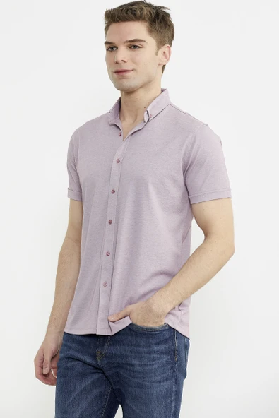 Kısa Kol Slim Fit Penye Gömlek - Açık Lila - 4