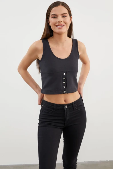 Askılı Düğme Detaylı Ribana Crop Tişört - Siyah - Resim 3