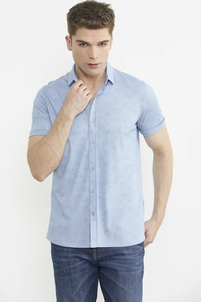 Slim Fit Baskılı Penye Gömlek - Mavi