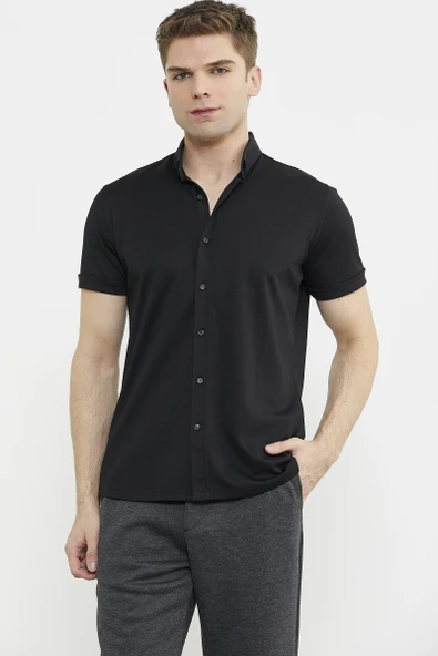 Kısa Kol Slim Fit Penye Gömlek - Siyah