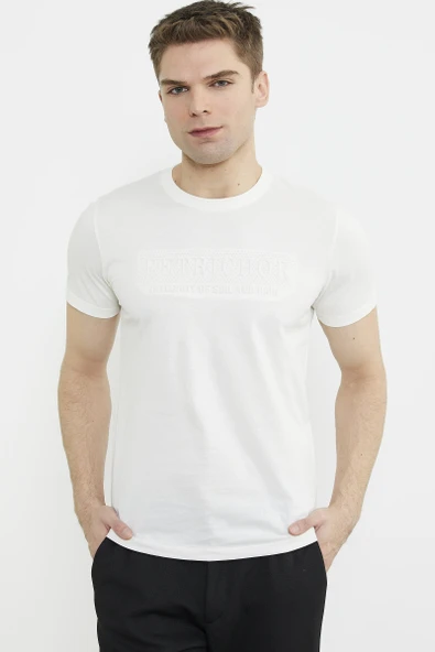 Kabartma Baskı Detaylı Pamuk Tişört - Bej - Resim 2