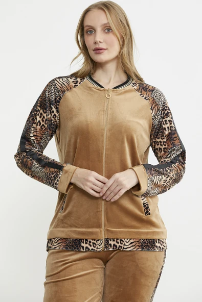 Leopar Kombinli Kadife Eşofman Takım - Bej - Resim 3