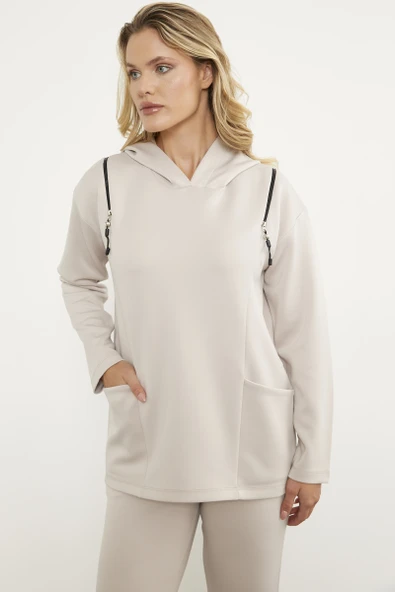 Fermuar Detaylı Cepli Eşofman Takım - Bej - Resim 4