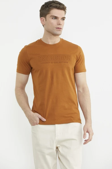 Kabartma Baskı Detaylı Pamuk Tişört - Kiremit - Resim 3