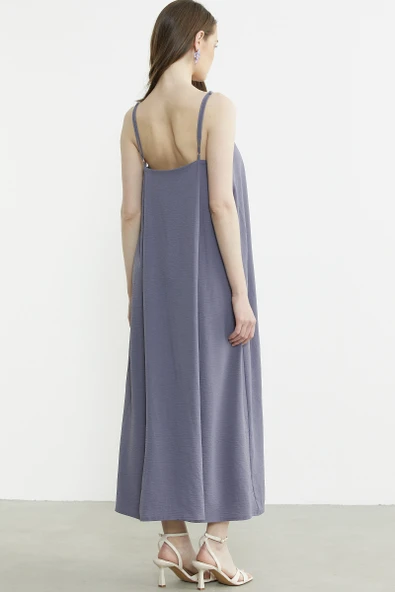 Ayarlanabilir Askılı Uzun Krep Elbise - Antrasit - Resim 5