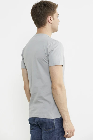 Bisiklet Yaka Baskılı Basic Tişört - Gri - 5