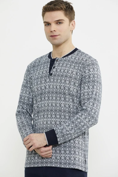 Desen Kombinli Örme Yaka Pijama Takım - Lacivert - 3