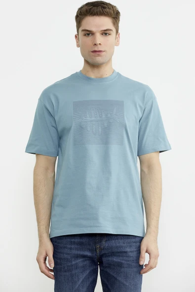 Oversize Baskılı Pamuk Tişört - Mavi ürün görseli 1