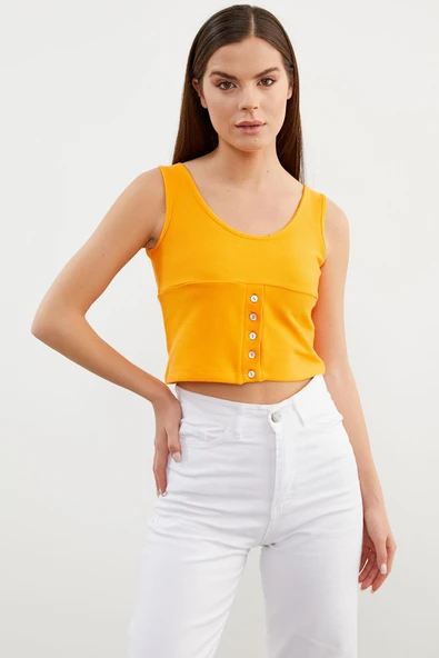 Askılı Düğme Detaylı Ribana Crop Tişört - Oranj - 2