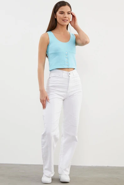 Askılı Düğme Detaylı Ribana Crop Tişört - Mavi - Resim 2