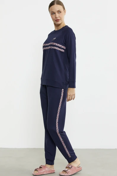 Leopar Çizgili Jogger Pijama Takım - Lacivert - Resim 4