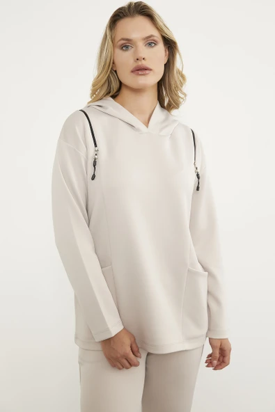 Fermuar Detaylı Cepli Eşofman Takım - Bej - Resim 3