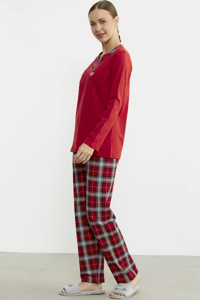 Düz Kombinli Ekose Pijama Takım - Kırmızı - 5
