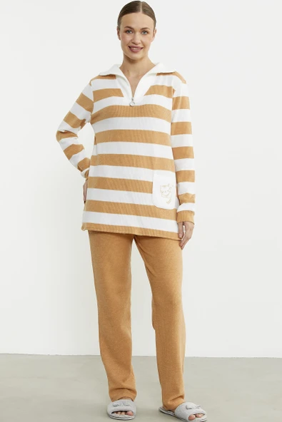 Kalın Çizgi Detaylı Pijama Takım - Hardal - 3