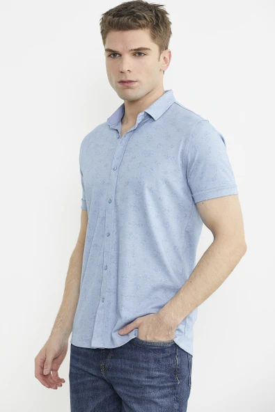 Slim Fit Baskılı Penye Gömlek - Mavi - 3
