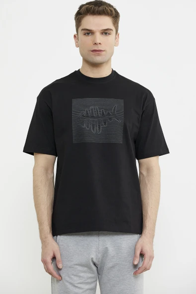 Oversize Baskılı Pamuk Tişört - Siyah ürün görseli 1