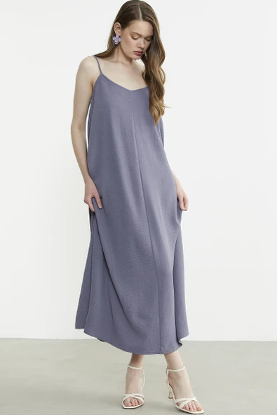 Ayarlanabilir Askılı Uzun Krep Elbise - Antrasit - Resim 4