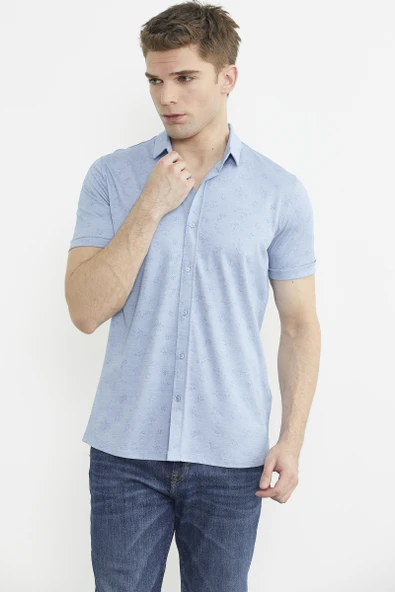 Slim Fit Baskılı Penye Gömlek - Mavi - 2