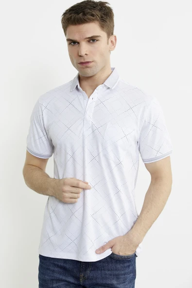 Baskı Detaylı Polo Yaka Tişört - Beyaz - Resim 3