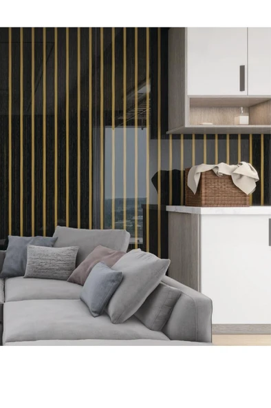 120cmx300cm Tek Parça Yapışkanlı Rulo Gold Çizgili Düz Parlak Siyah Duvar Paneli Kağıdı Şile QM0132 - Resim 3