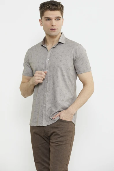 Slim Fit Baskılı Penye Gömlek - Vizon - 3