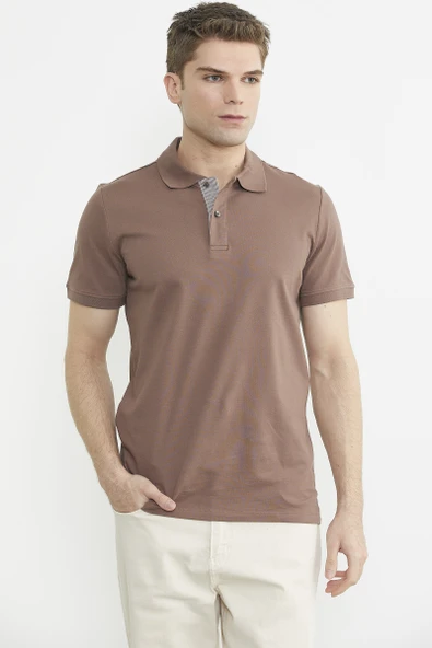 Detaylı Polo Yaka Kısa Kol Tişört - Sütlü Kahve - Resim 2