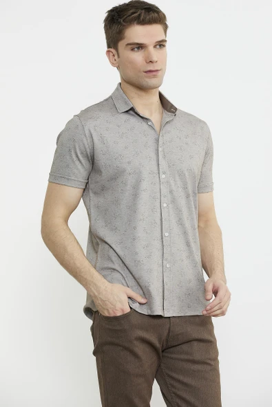 Slim Fit Baskılı Penye Gömlek - Vizon - 4