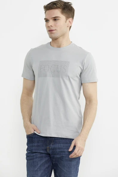 Bisiklet Yaka Baskılı Basic Tişört - Gri - 3