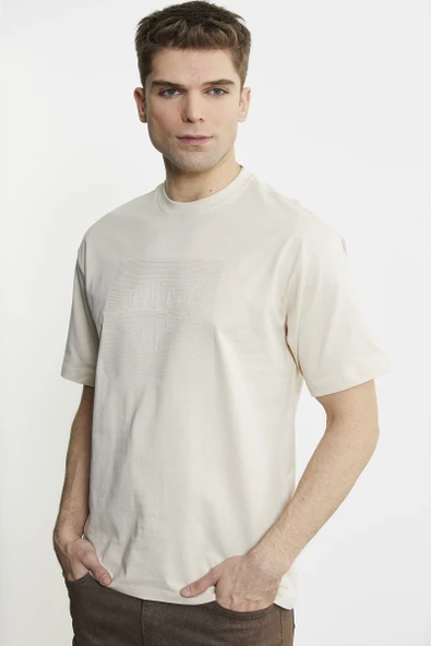 Oversize Baskılı Pamuk Tişört - Kamel - Resim 4