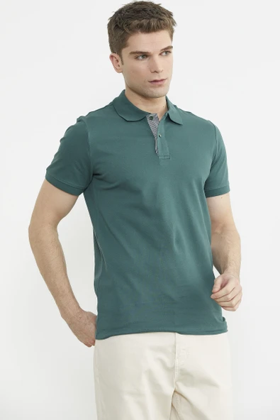 Detaylı Polo Yaka Kısa Kol Tişört - Nefti - 3