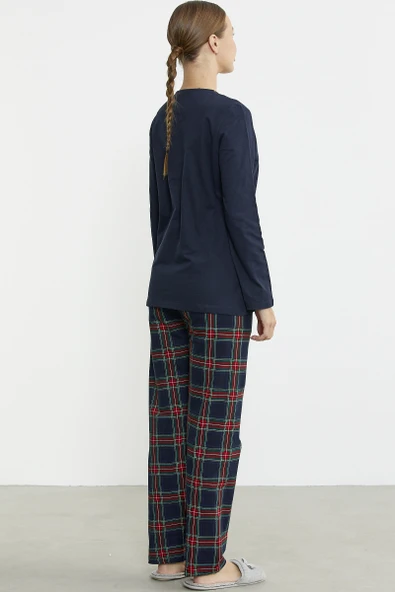 Düz Kombinli Ekose Pijama Takım - Lacivert - 6