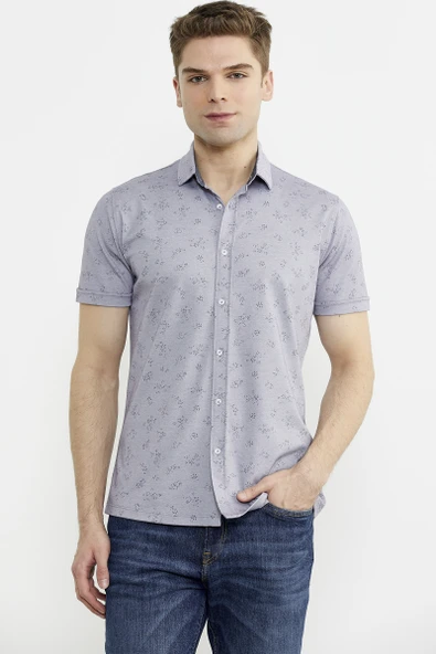 Slim Fit Baskılı Penye Gömlek - Lila