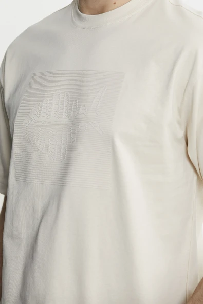 Oversize Baskılı Pamuk Tişört - Kamel - Resim 5