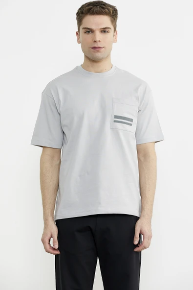 Bisiklet Yaka Oversize Pamuk Tişört - Açık Gri - Resim 2